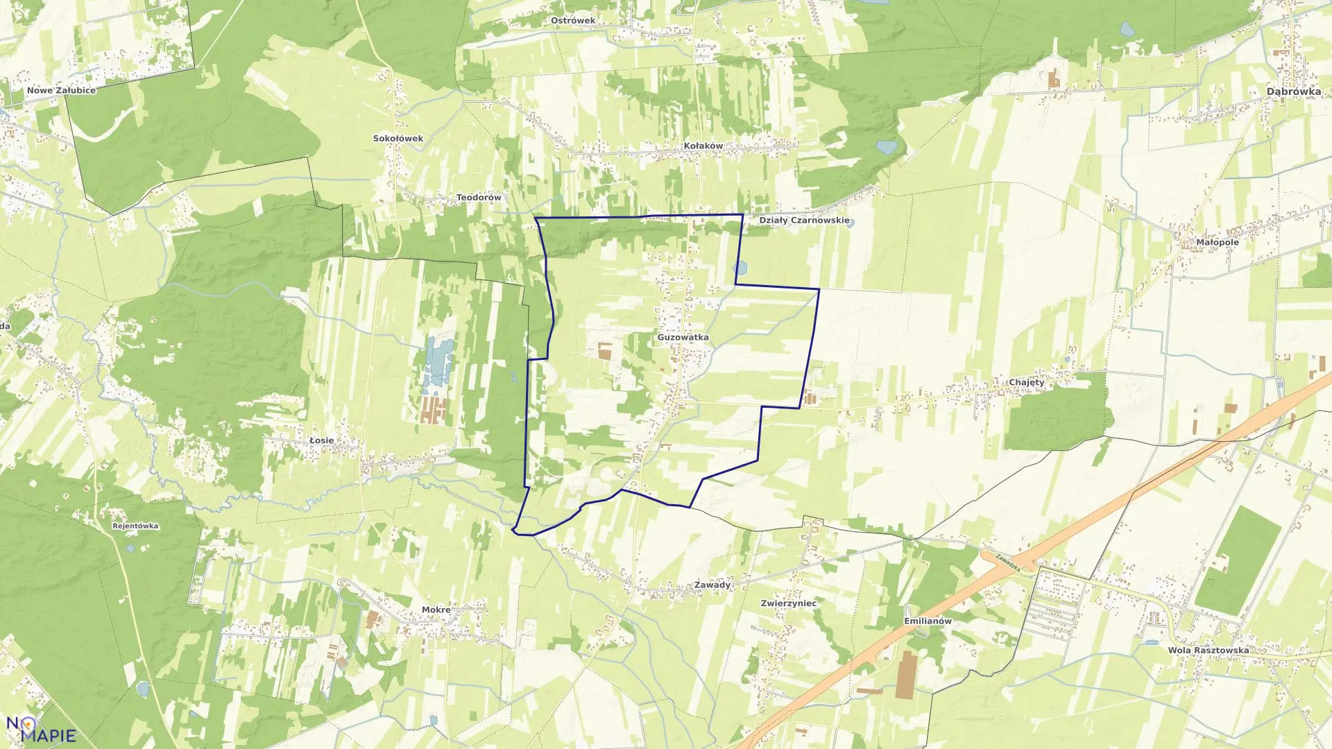 Mapa obrębu GUZOWATKA w gminie Dąbrówka